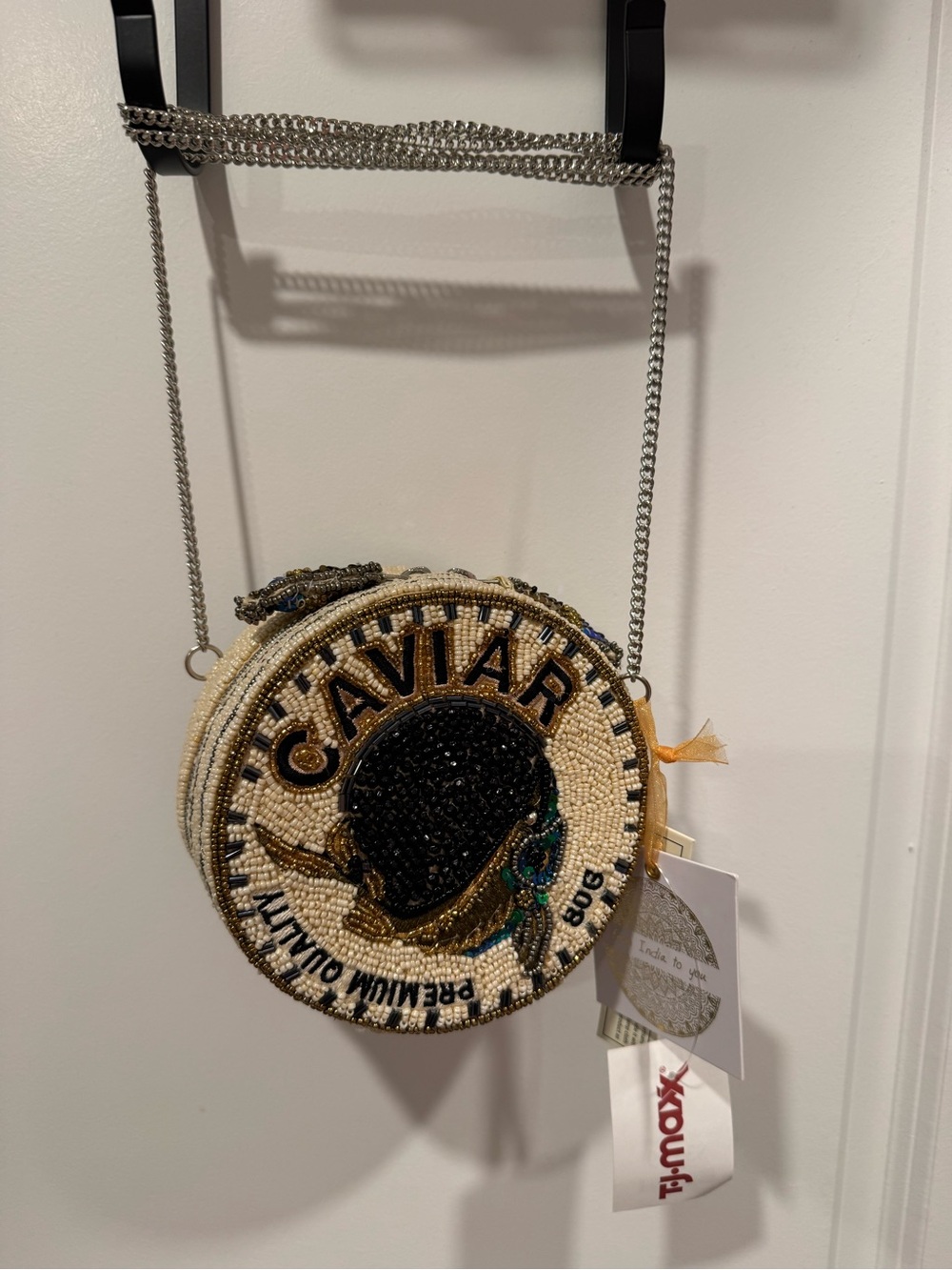 Viral Caviar Beaded Round Crossbody Bag - Black & Cream